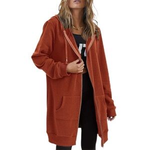Women’s Cozy Long Rust Orange Fleece Zip-Up Hoodie - Size XL - NWT